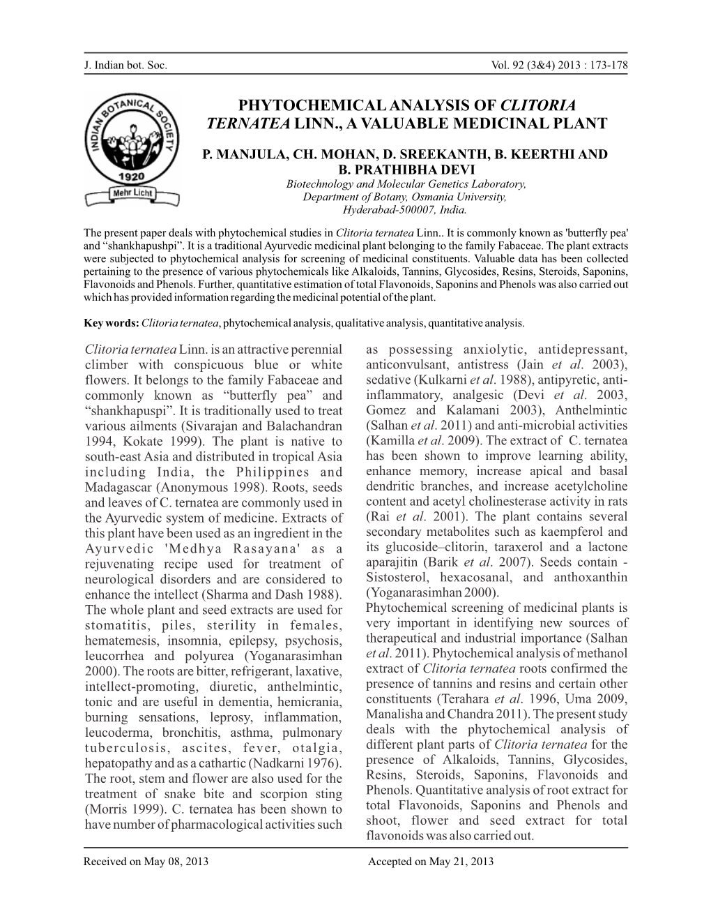 Phytochemical Analysis of Clitoria Ternatea Linn., a Valuable Medicinal Plant