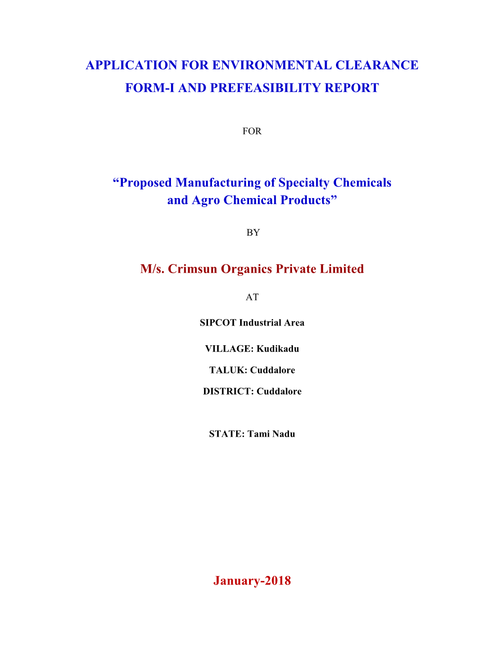 Application for Environmental Clearance Form-I and Prefeasibility Report