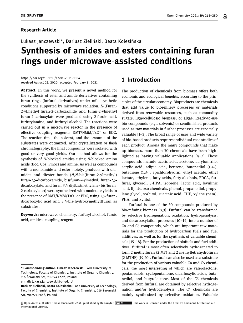 Synthesis of Amides and Esters Containing Furan Rings Under Microwave-Assisted Conditions