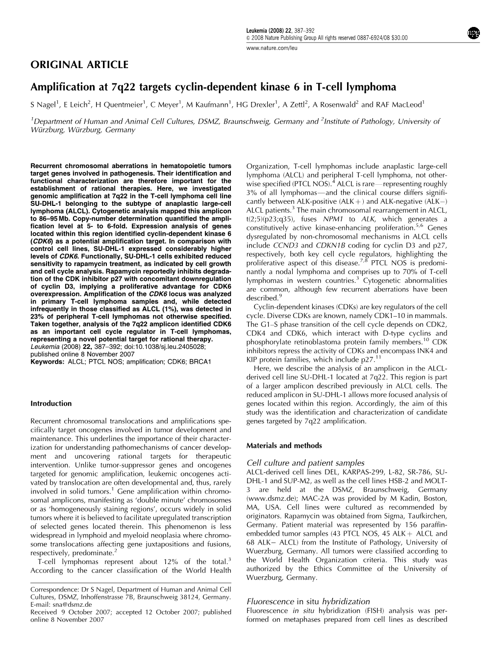 ORIGINAL ARTICLE Amplification at 7Q22 Targets Cyclin-Dependent Kinase 6 in T-Cell Lymphoma