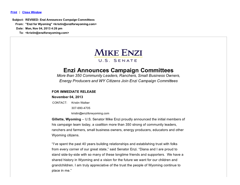 Enzi Announces Campaign Committees