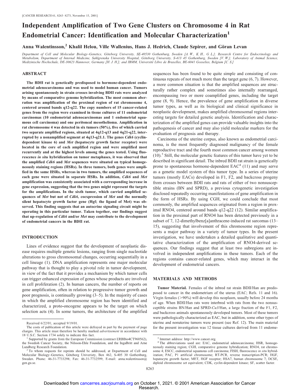 Independent Amplification of Two Gene Clusters on Chromosome 4 in Rat Endometrial Cancer: Identification and Molecular Characterization1