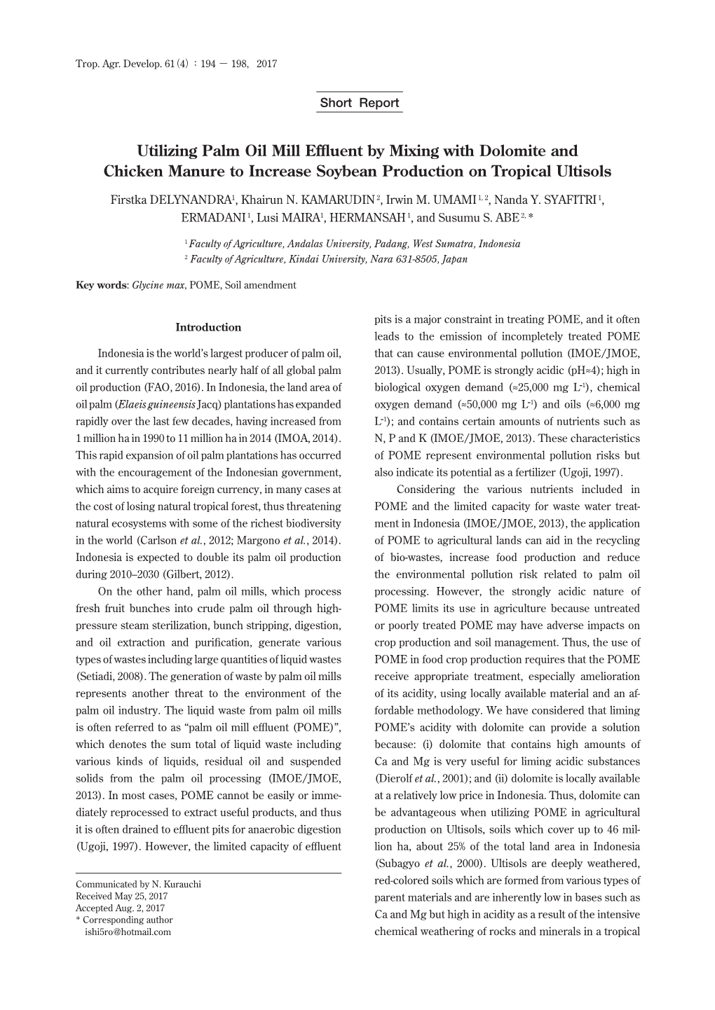 Utilizing Palm Oil Mill Effluent by Mixing with Dolomite and Chicken Manure to Increase Soybean Production on Tropical Ultisols