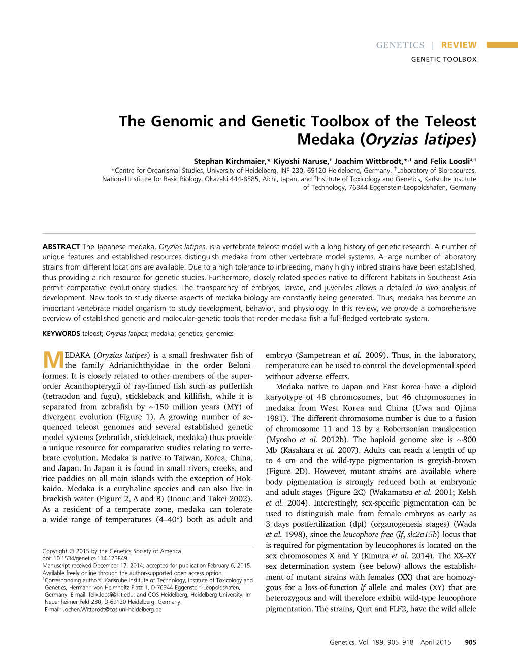 The Genomic and Genetic Toolbox of the Teleost Medaka (Oryzias Latipes)