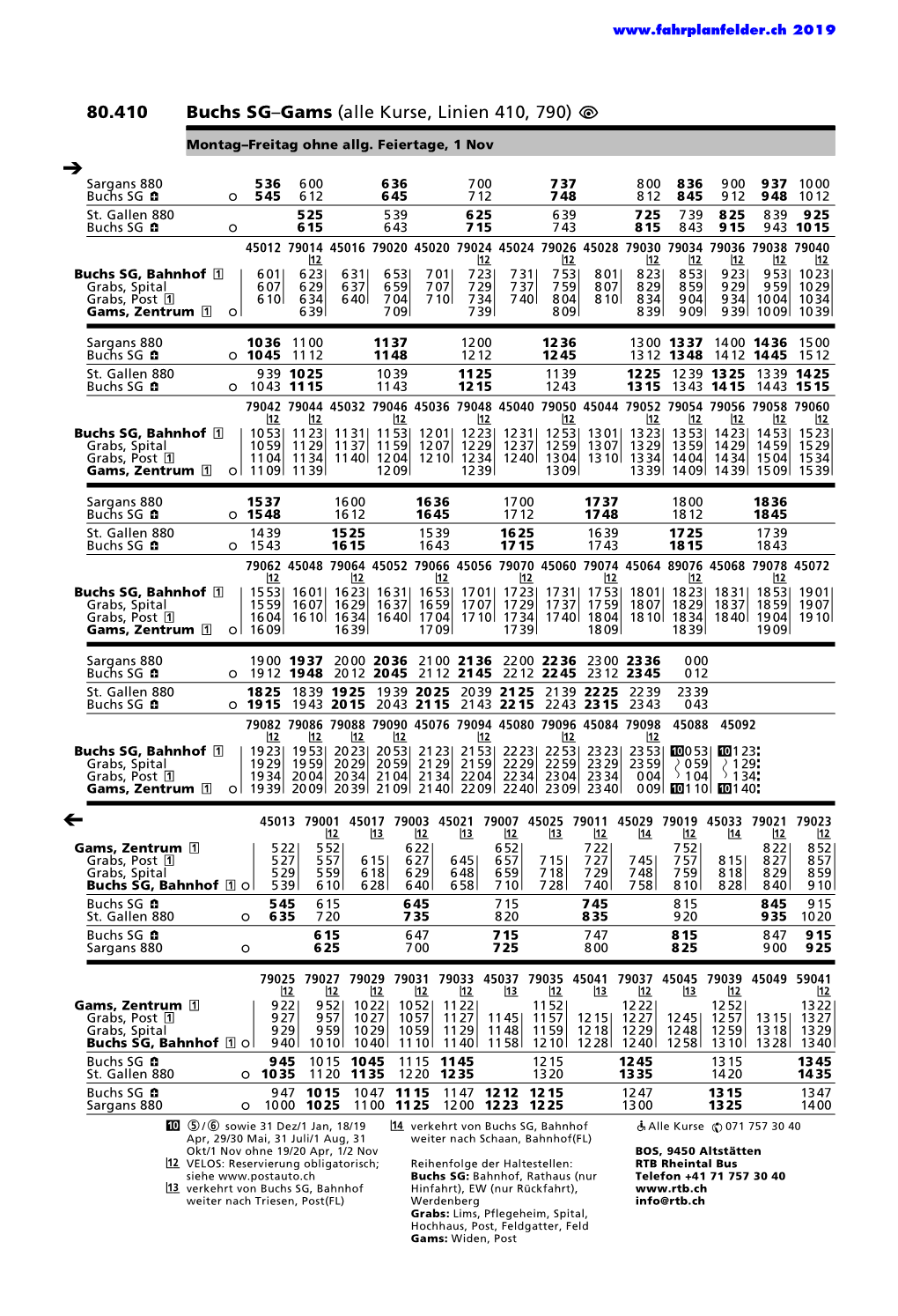 80.410 Buchs SG–Gams (Alle Kurse, Linien 410, 790) Û