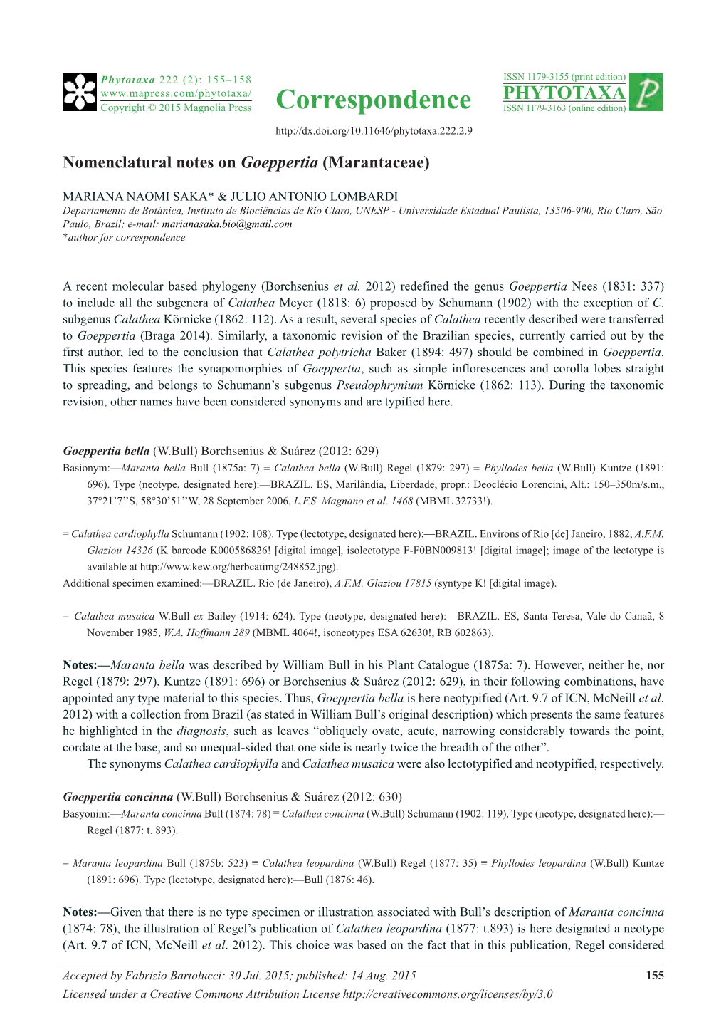 Nomenclatural Notes on Goeppertia (Marantaceae)