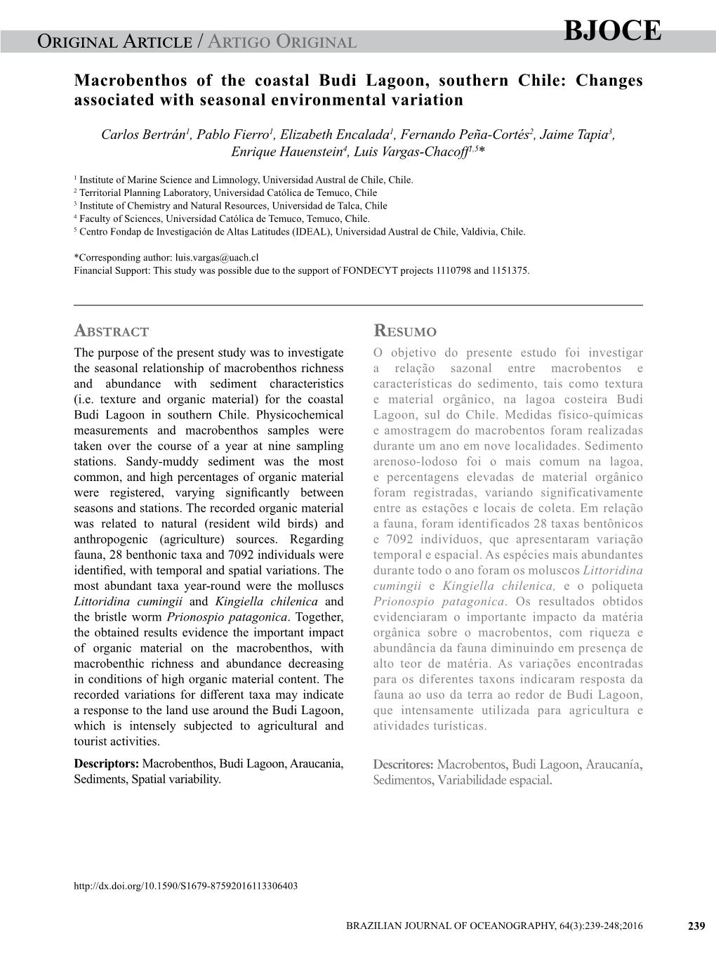 Original Article / Artigo Original Bertrán Et Al.: Variation in Budi Lagoonbjoce Macrobenthos