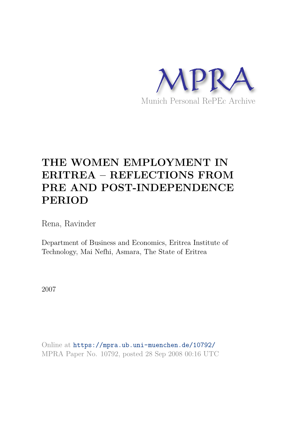 The Women Employment in Eritrea – Reflections from Pre and Post-Independence Period