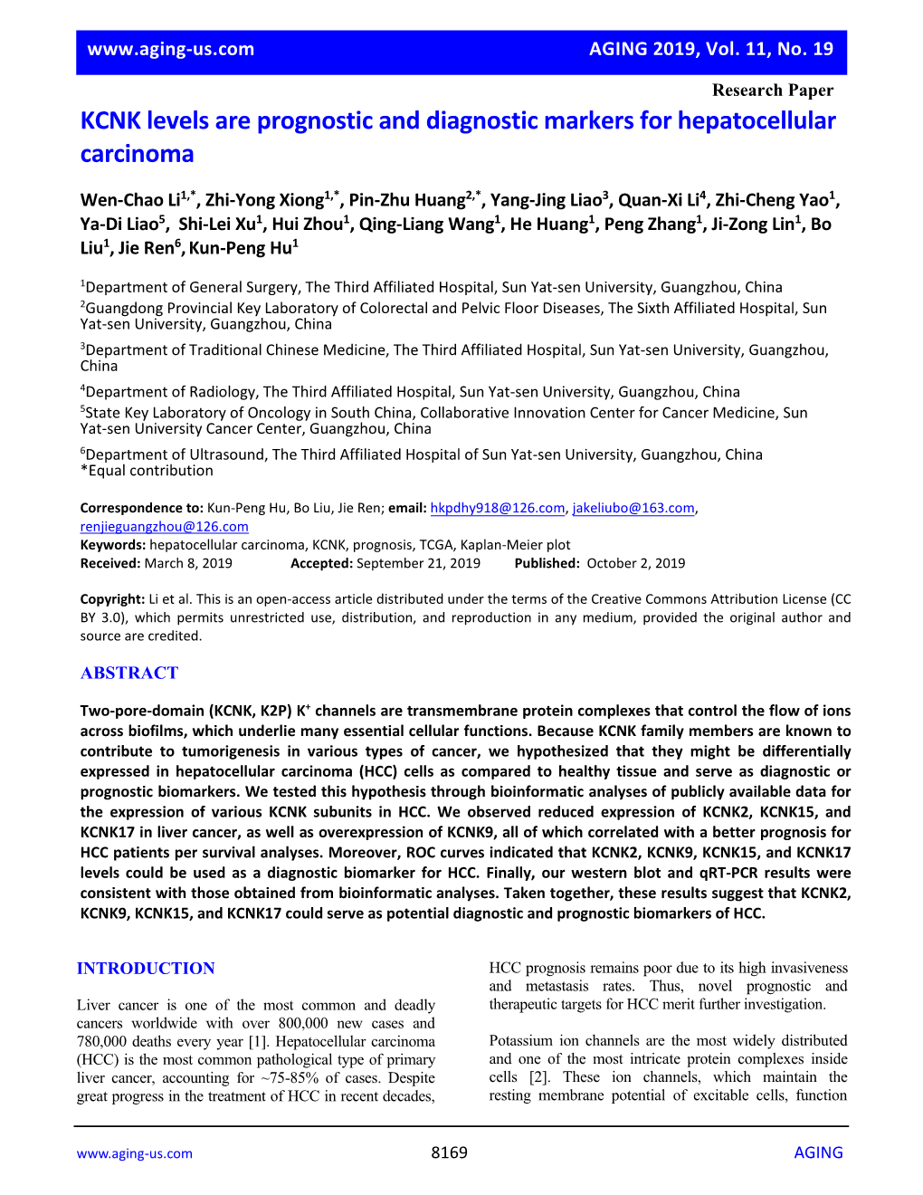 KCNK Levels Are Prognostic and Diagnostic Markers for Hepatocellular Carcinoma