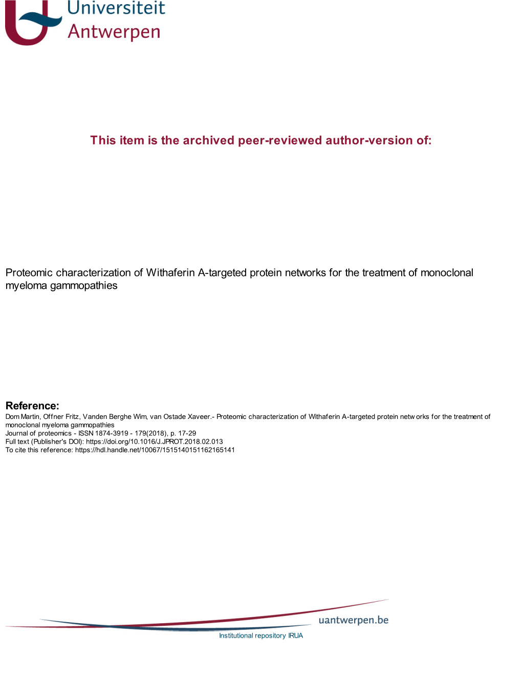 Proteomic Characterization of Withaferin A-Targeted Protein Networks for the Treatment of Monoclonal Myeloma Gammopathies