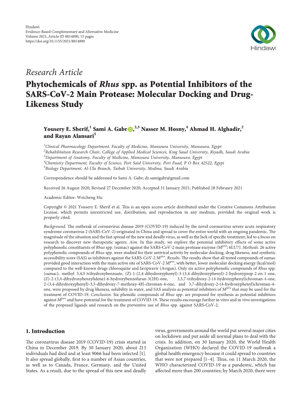 Research Article Phytochemicals of Rhus Spp. As Potential Inhibitors of the SARS-Cov-2 Main Protease: Molecular Docking and Drug- Likeness Study
