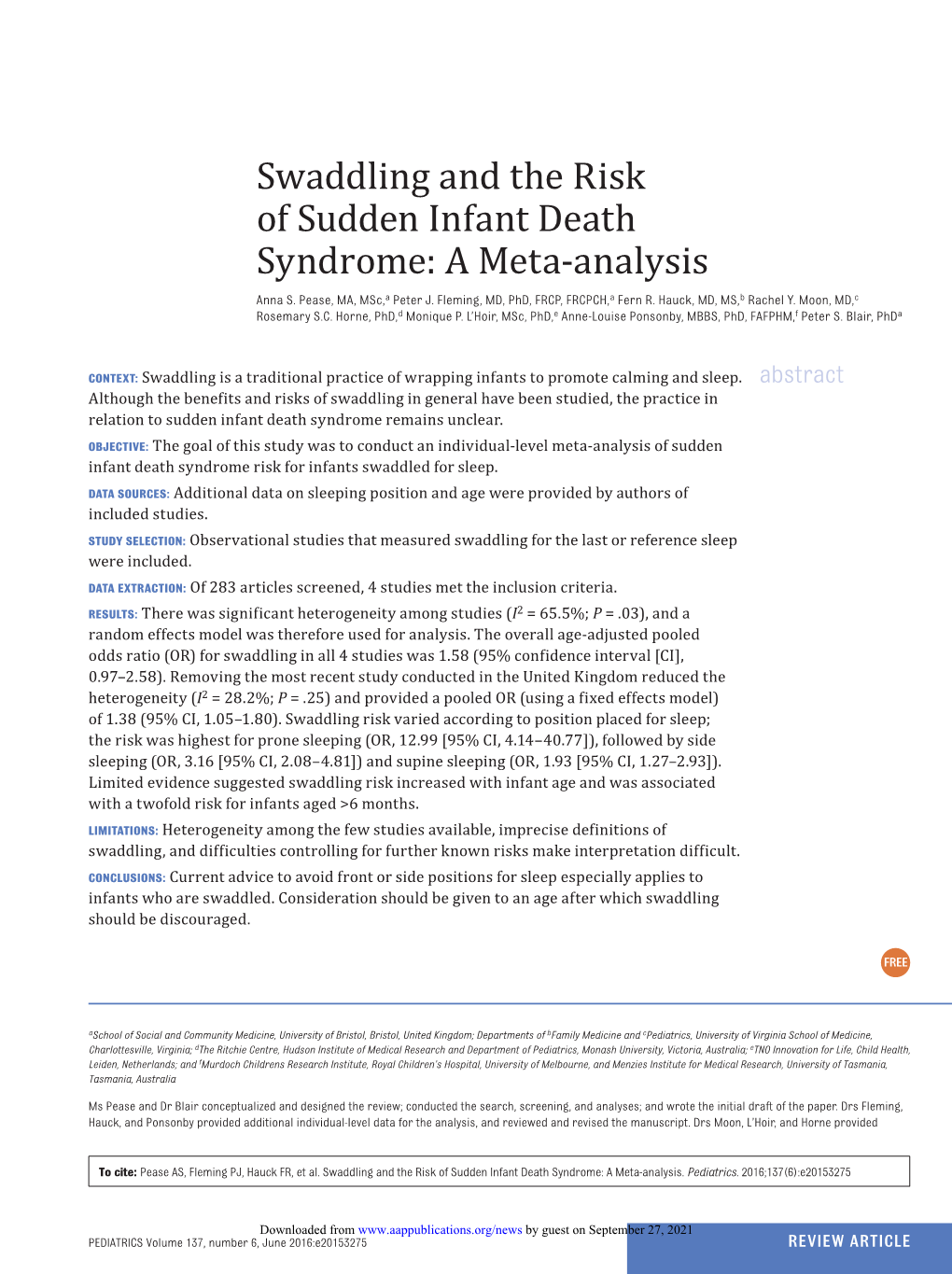 Swaddling and the Risk of Sudden Infant Death Syndrome: a Meta-Analysis Anna S