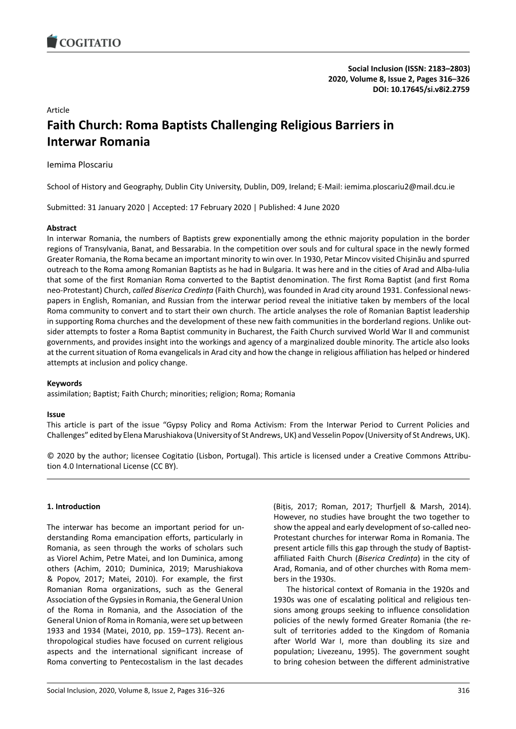 Faith Church: Roma Baptists Challenging Religious Barriers in Interwar Romania