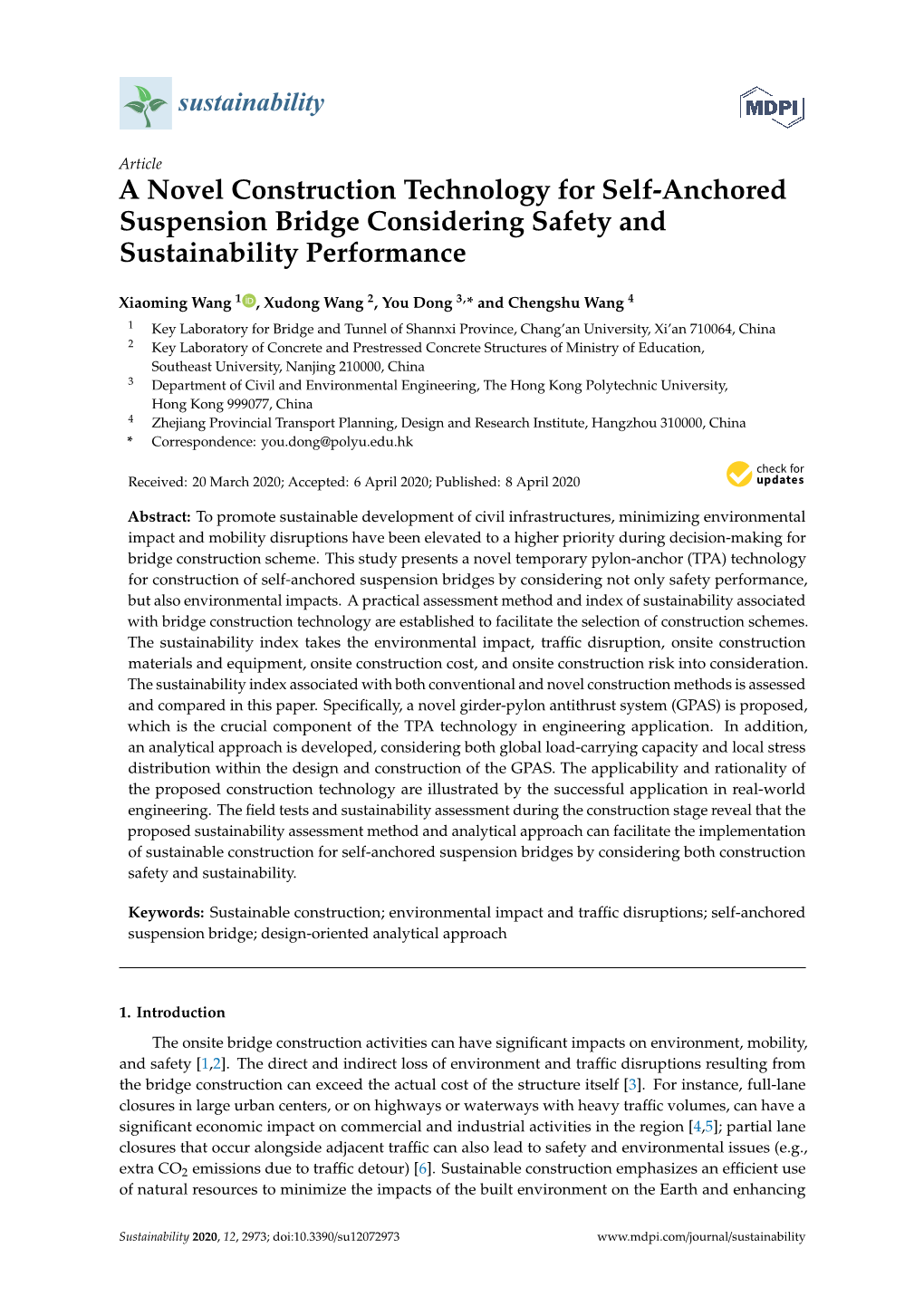 A Novel Construction Technology for Self-Anchored Suspension Bridge Considering Safety and Sustainability Performance