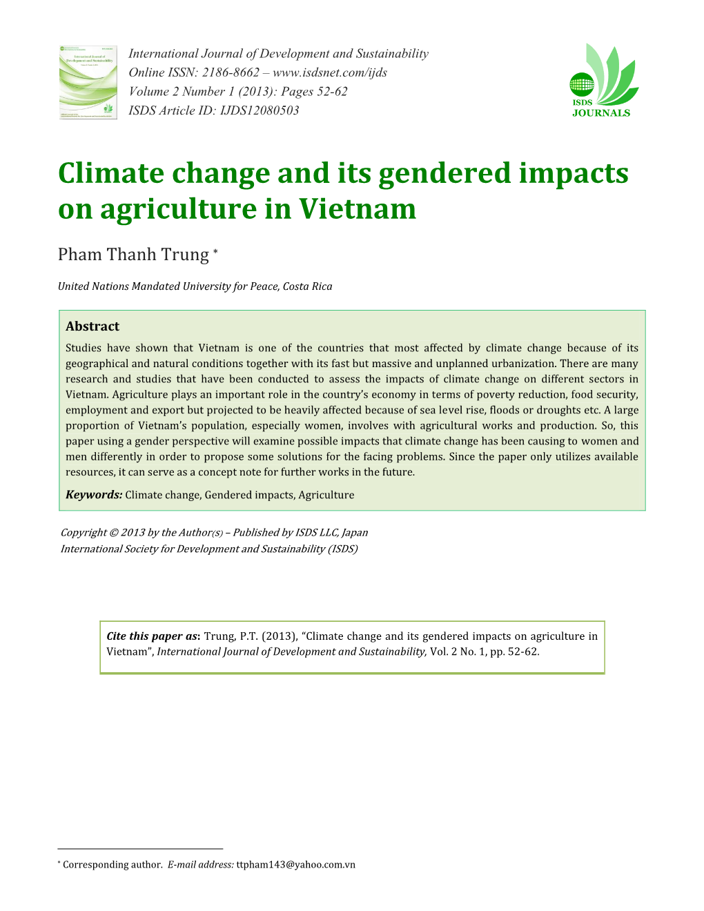 Climate Change and Its Gendered Impacts on Agriculture in Vietnam