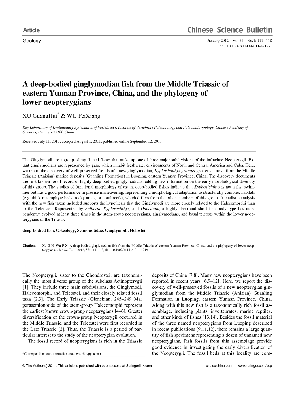 A Deep-Bodied Ginglymodian Fish from the Middle Triassic of Eastern Yunnan Province, China, and the Phylogeny of Lower Neopterygians