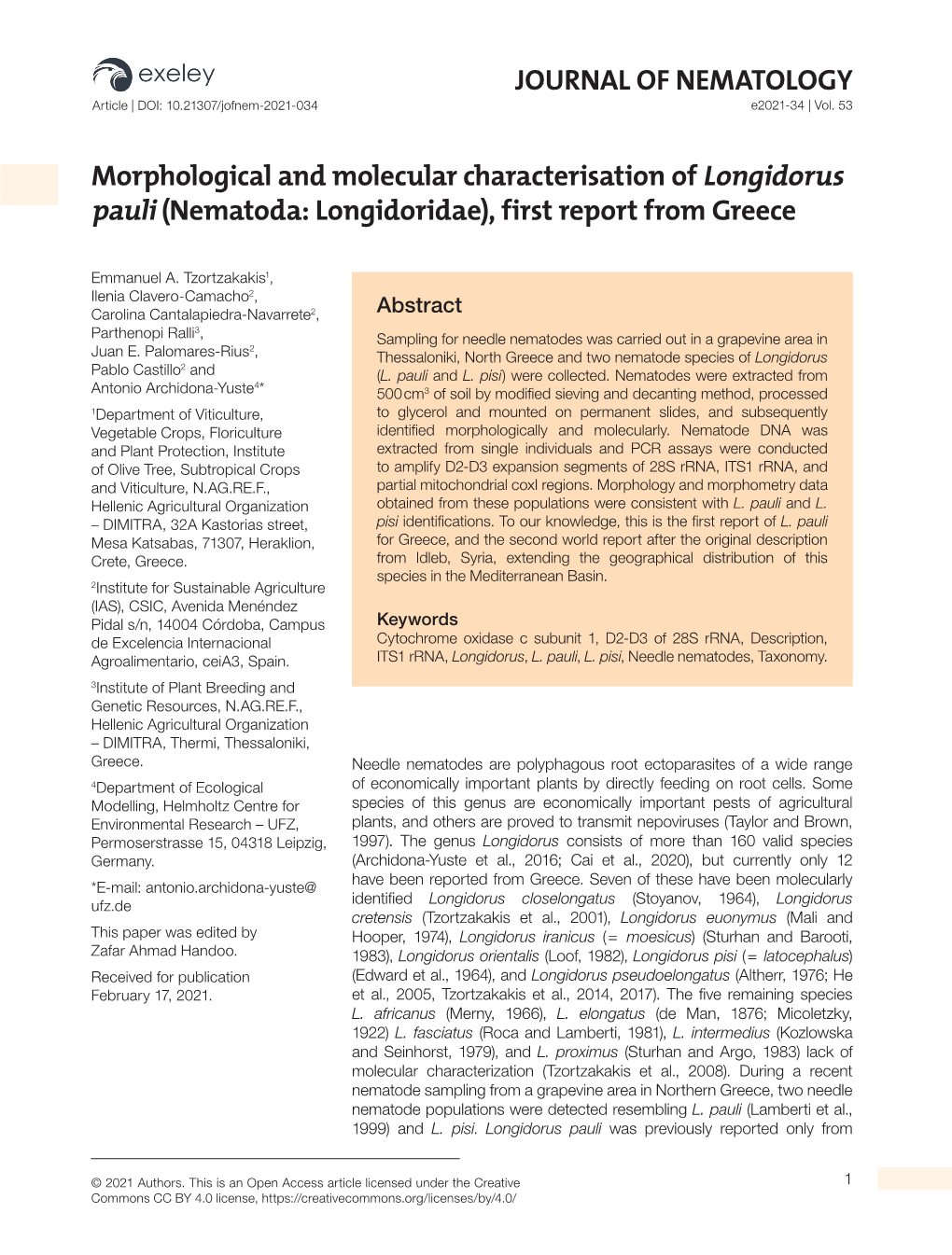 Morphological and Molecular Characterisation of Longidorus Pauli (Nematoda: Longidoridae), First Report from Greece