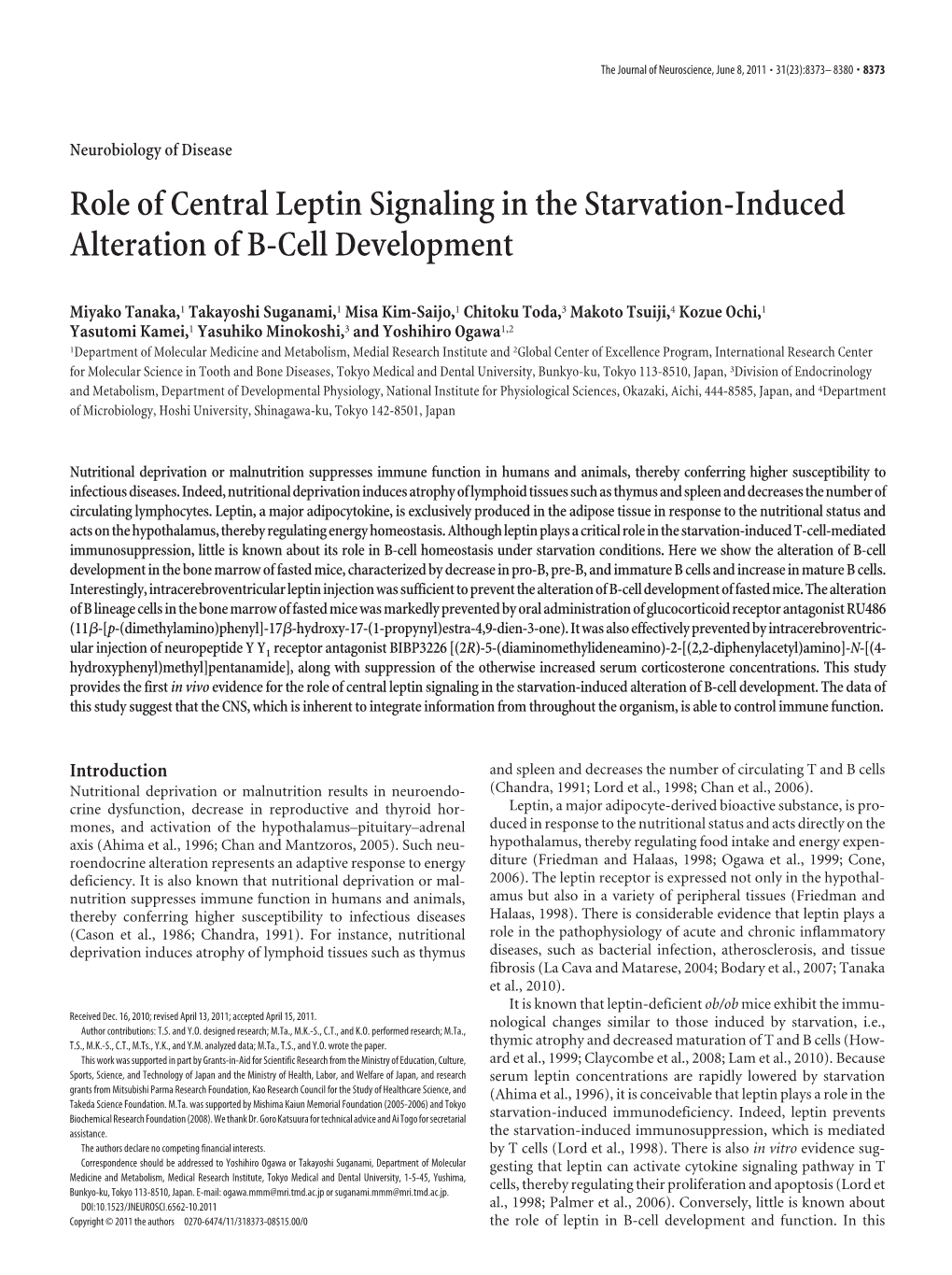 Role Of Central Leptin Signaling In The Starvation-Induced Alteration ...