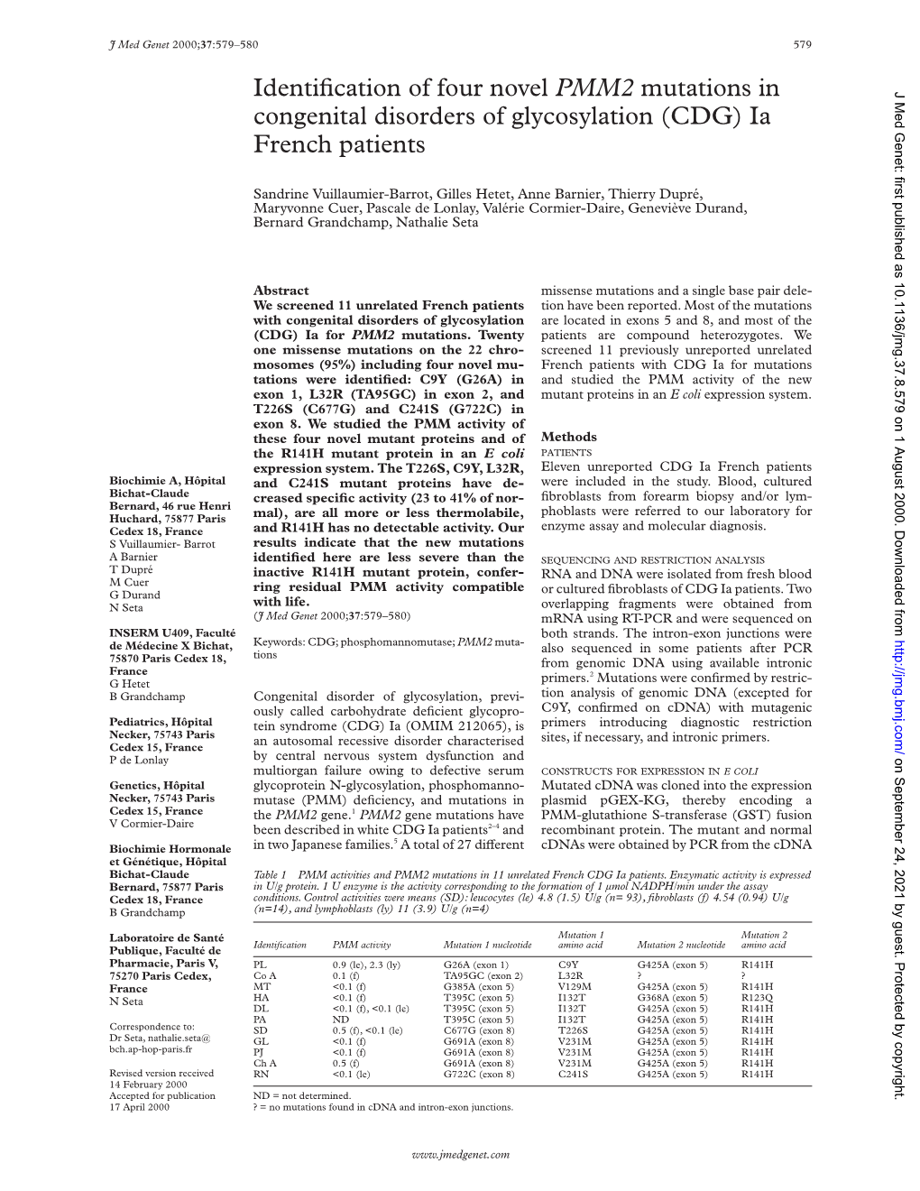 Identification of Four Novel PMM2 Mutations in Congenital Disorders of Glycosylation (CDG) Ia French Patients