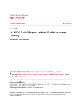 UA19/16/1 Football Program - WKU Vs