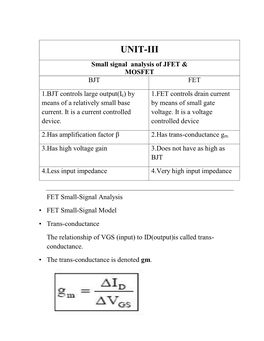 UNIT-III Small Signal Analysis of JFET & MOSFET
