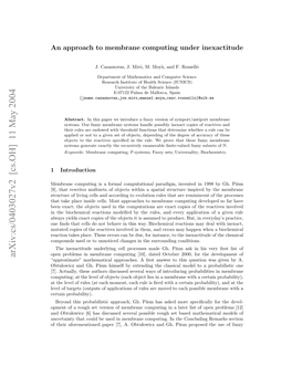 Arxiv:Cs/0403027V2 [Cs.OH] 11 May 2004 Napoc Ommrn Optn Ne Inexactitude Under Computing Membrane to Approach an Fteraoeetoe Ae 7,A Bulwc N H P˘Aun Pro Gh