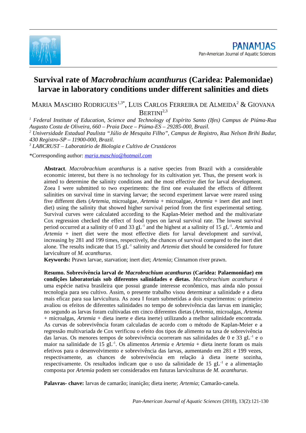 Survival Rate of Macrobrachium Acanthurus (Caridea: Palemonidae) Larvae in Laboratory Conditions Under Different Salinities and Diets