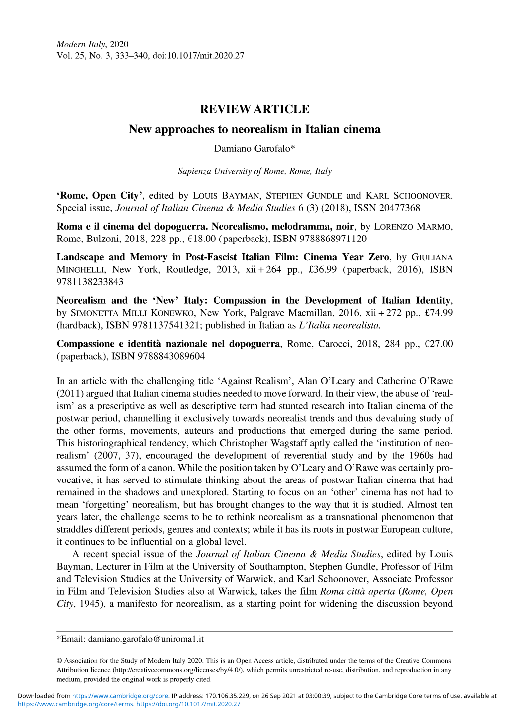 REVIEW ARTICLE New Approaches to Neorealism in Italian Cinema Damiano Garofalo*