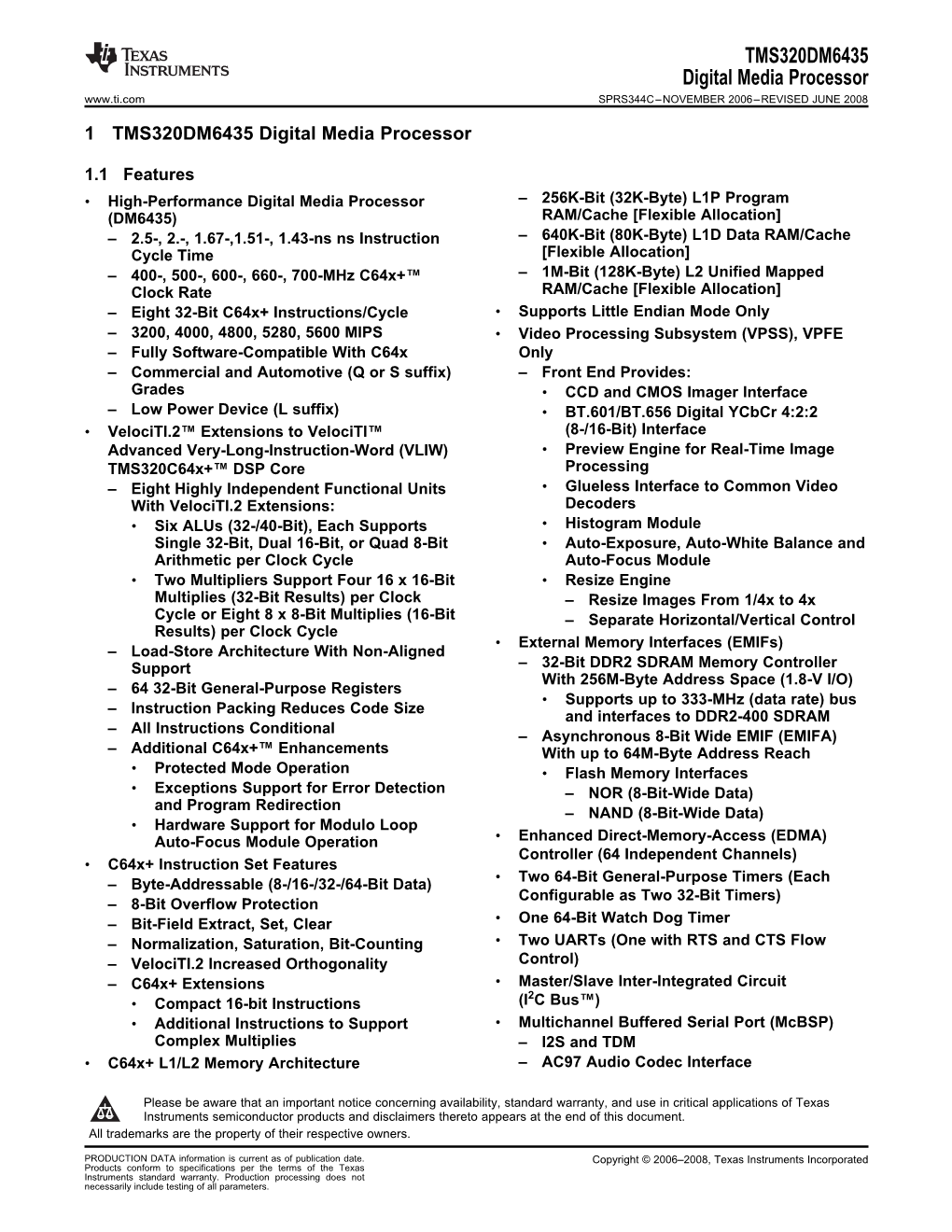 TMS320DM6435 Digital Media Processor Datasheet (Rev. C)