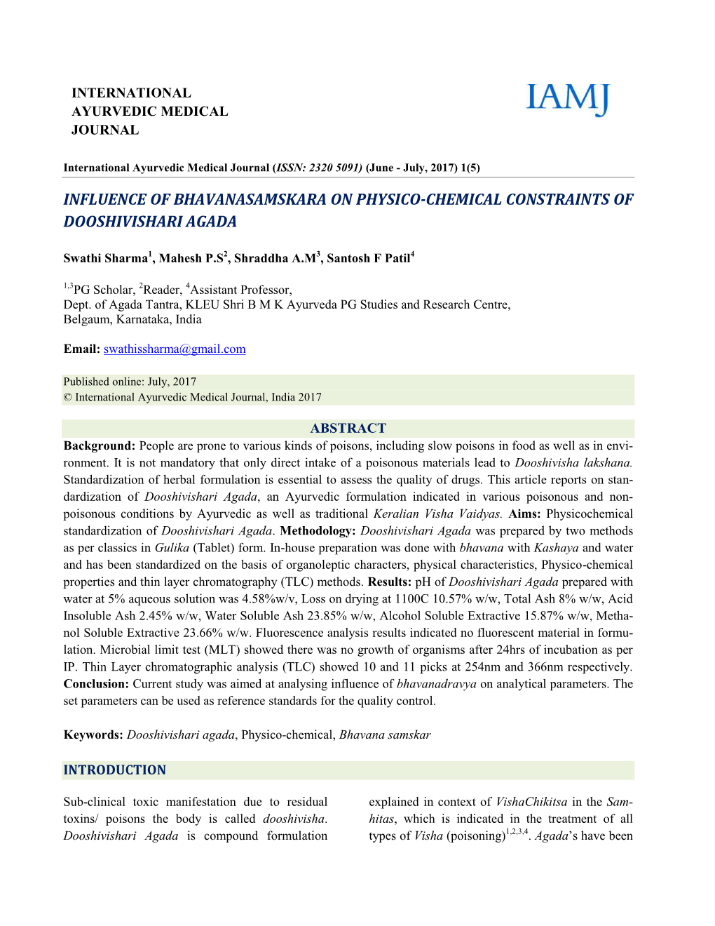 Influence of Bhavanasamskara on Physico-Chemical Constraints of Dooshivishari Agada