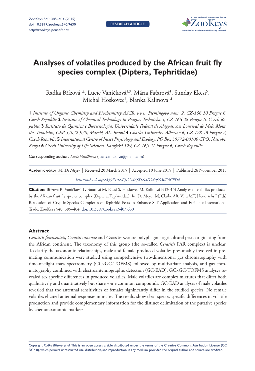 Analyses of Volatiles Produced by the African Fruit Fly Species Complex (Diptera, Tephritidae)