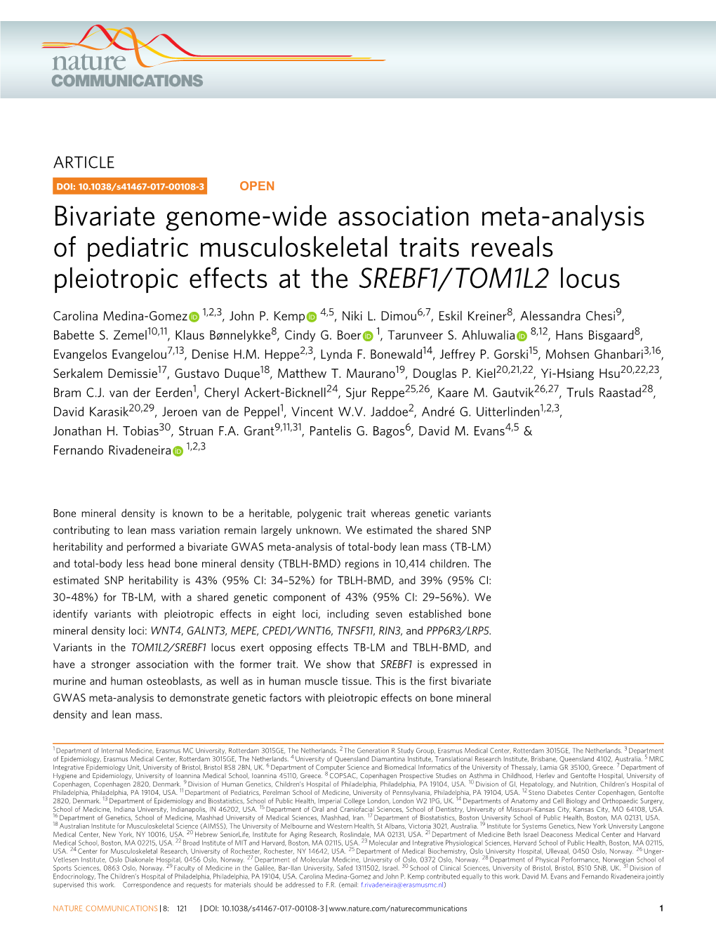 Bivariate Genome-Wide Association Meta-Analysis of Pediatric Musculoskeletal Traits Reveals Pleiotropic Effects at the SREBF1/TOM1L2 Locus
