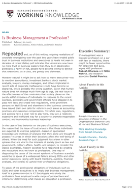 Is Business Management a Profession? — HBS Working Knowledge 01/22/2007 11:23 AM