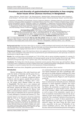 Prevalence and Diversity of Gastrointestinal Helminths in Free-Ranging Asian House Shrew (Suncus Murinus) in Bangladesh