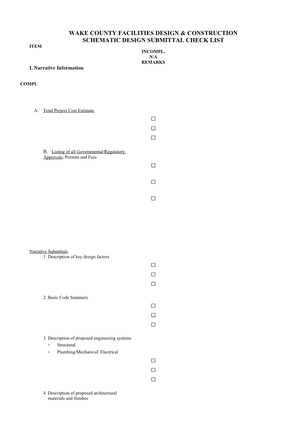 Schematic Design Submittal Check List