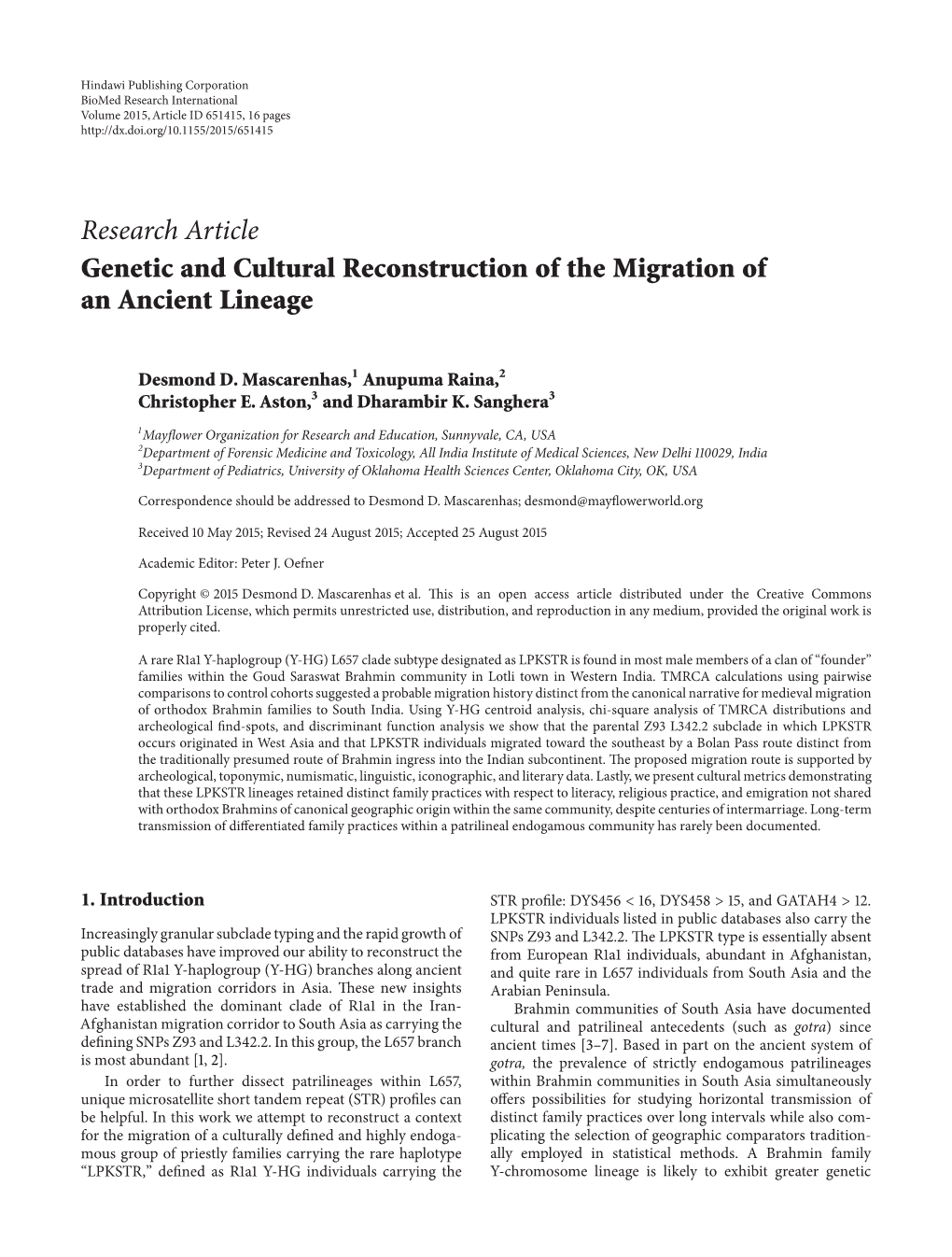 Research Article Genetic and Cultural Reconstruction of the Migration of an Ancient Lineage