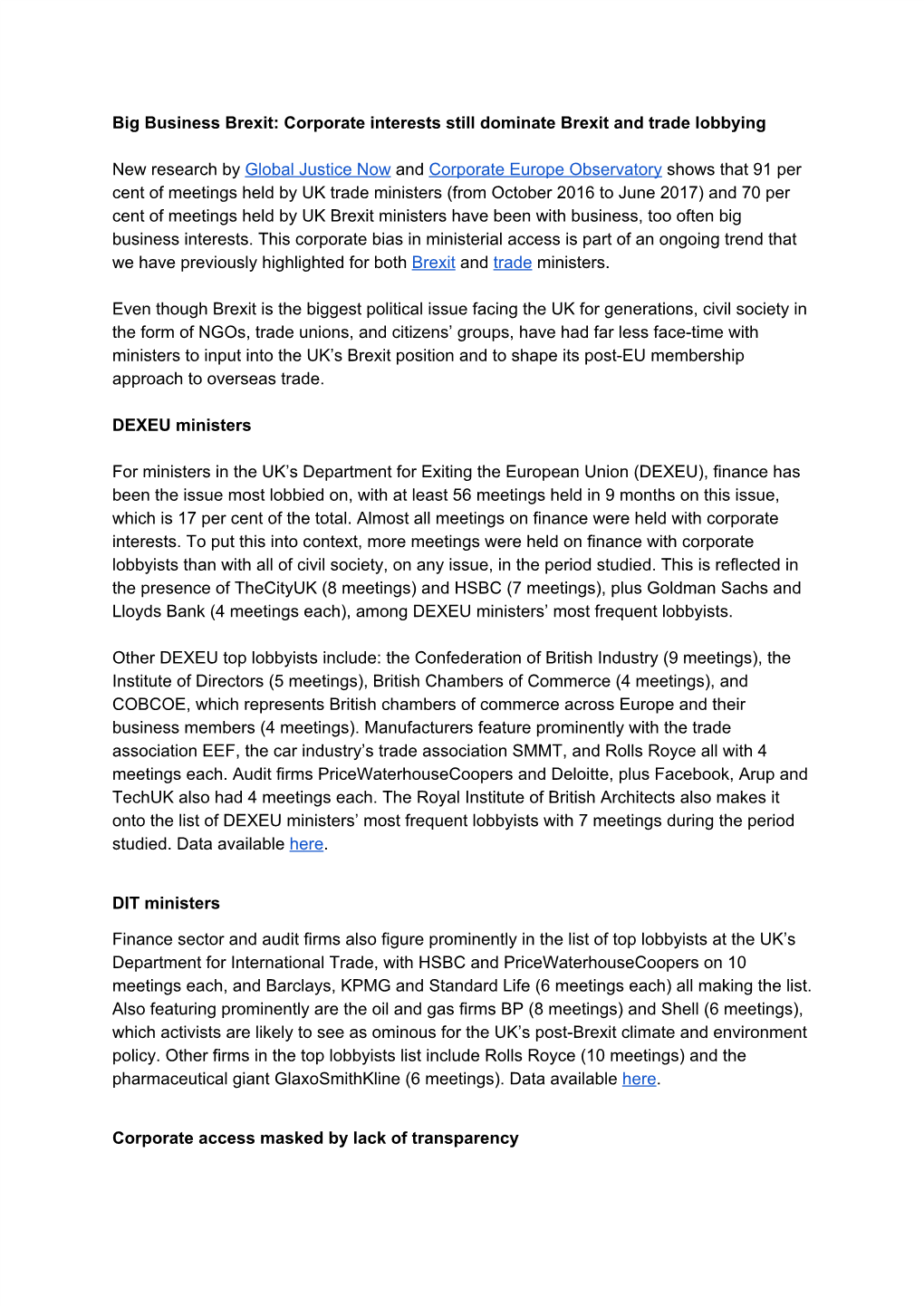 Corporate Interests Still Dominate Brexit and Trade Lobbying