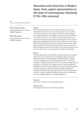 Naturaleza and Citizenship in Modern Spain. from Subject Representation to the Dawn of Contemporary Citizenship (17Th-19Th Centuries)