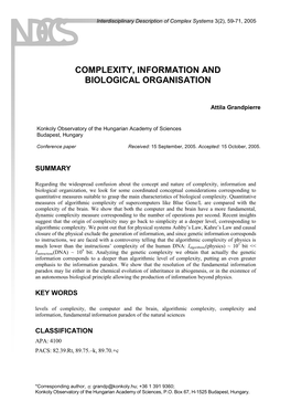 Complexity, Information and Biological Organisation