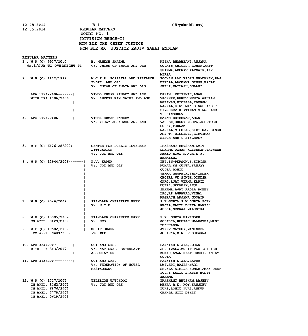 Court No. 1 (Division Bench-I) Hon'ble the Chief Justice Hon'ble Mr