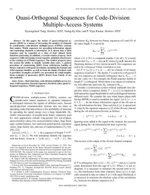 Quasi-Orthogonal Sequences for Code-Division Multiple-Access Systems Kyeongcheol Yang, Member, IEEE, Young-Ky Kim, and P