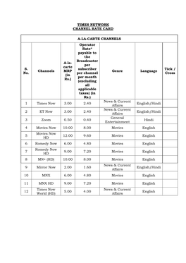 Times Network Channel Rate Card A-La-Carte