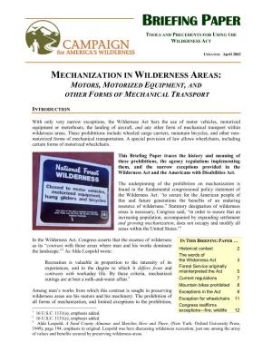 Mechanization in Wilderness Areas: Motors, Motorized Equipment, and Other Forms of Mechanical Transport