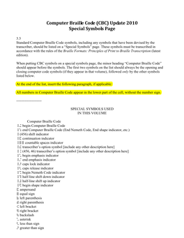 Computer Braille Code (CBC) Update 2010 Special Symbols Page