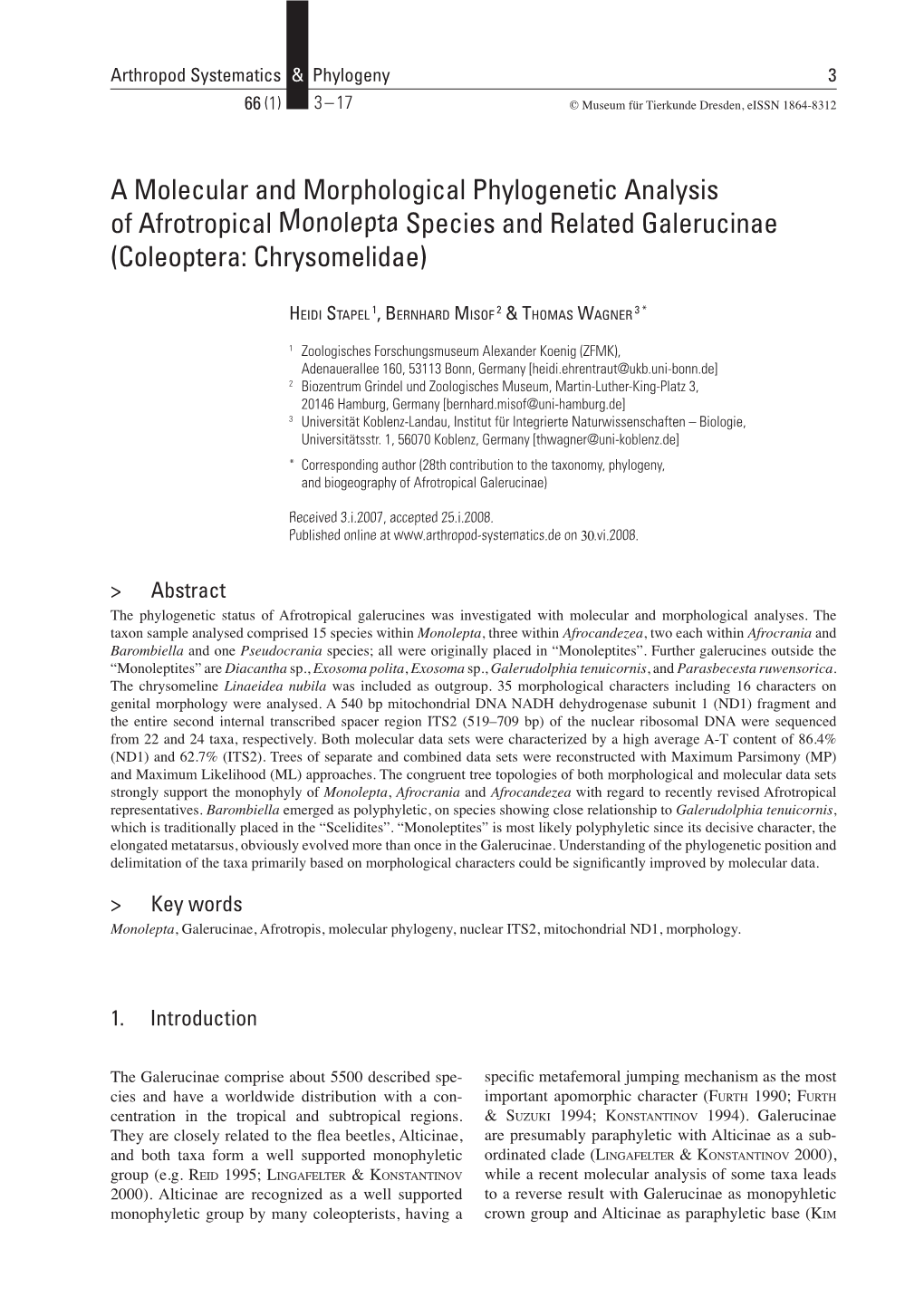 A Molecular and Morphological Phylogenetic Analysis of Afrotropical Monolepta Species and Related Galerucinae (Coleoptera: Chrysomelidae)