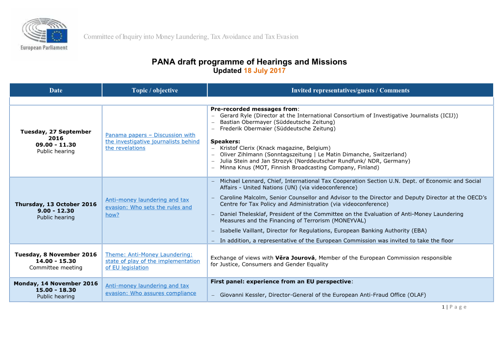 PANA Draft Programme of Hearings and Missions Updated 18 July 2017