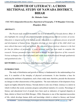 A CROSS SECTIONAL STUDY of NAWADA DISTRICT, BIHAR Dr