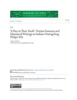 Puritan Sermons and Ministerial Writings on Indians During King Philip’S War Gregory Michna Arkansas Tech University, Gamichna@Mix.Wvu.Edu