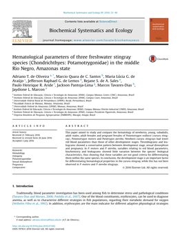 Hematological Parameters of Three Freshwater Stingray Species (Chondrichthyes: Potamotrygonidae) in the Middle Rio Negro, Amazonas State