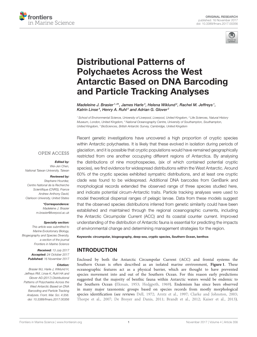 Distributional Patterns of Polychaetes Across the West Antarctic Based on DNA Barcoding and Particle Tracking Analyses